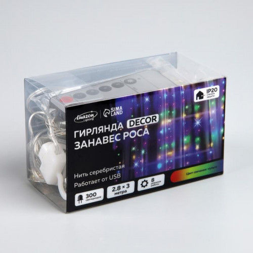 Занавес-роса 2.8×3 м. на крючках, пульт, IP20, серебристая нить, 300 мульти LED, 8 режимов, USB, Luazon Lighting (4814715)