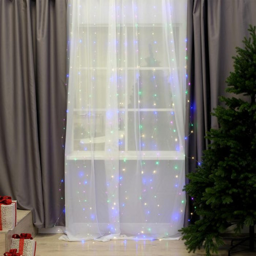Занавес-роса 2.8×3 м. на крючках, пульт, IP20, серебристая нить, 300 мульти LED, 8 режимов, USB, Luazon Lighting (4814715)