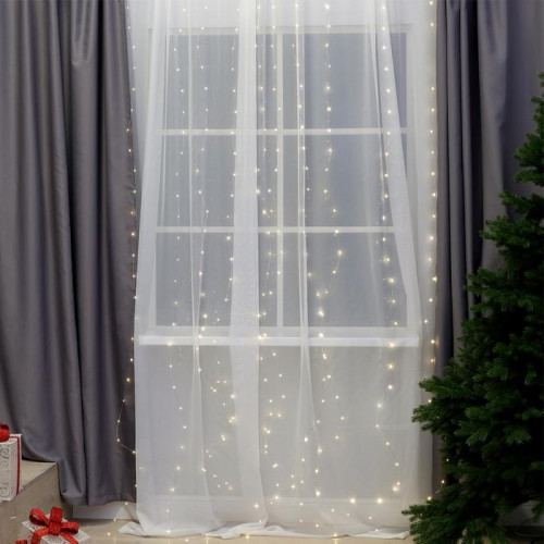 Занавес-роса 2.8×3 м. на крючках, пульт, IP20, серебристая нить, 300 теплых белых LED, 8 режимов, USB, Luazon Lighting (4814717)