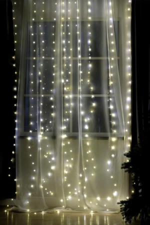 Занавес-роса 2.8×3 м. на крючках, пульт, IP20, серебристая нить, 300 теплых белых LED, 8 режимов, USB, Luazon Lighting (4814717)