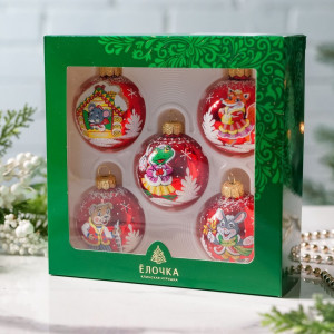 С2392/1 Набор стеклянных шаров Теремок 5 шт., 60 мм., красный,  Ёлочка