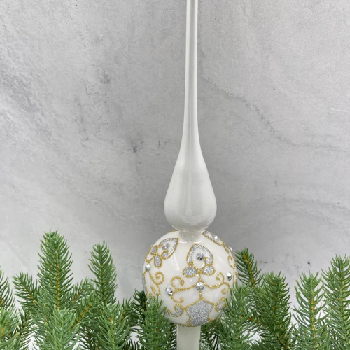 Елочная стеклянная макушка Кружевная 31 см., белая с золотом, Christmas DeLuxe (88558)  