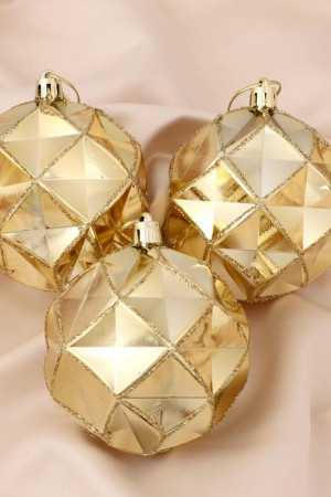 Набор шаров пластик Геометрия граней 8 см., 3 шт., золотой, Зимнее Волшебство (4962754)            