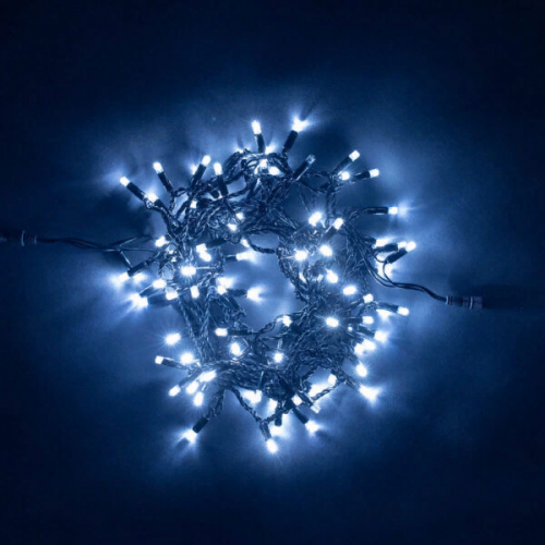 Светодиодная гирлянда с колпачком 100 холодных белых LED ламп 10 м., 24В., черный провод ПВХ, IP65, LTC (PST100CAP-11-1W)