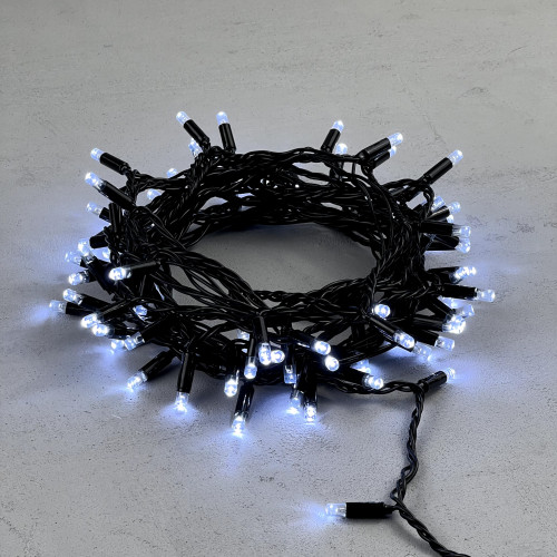 Светодиодная гирлянда с колпачком 100 холодных белых LED ламп 10 м., 24В., черный провод ПВХ, IP65, LTC (PST100CAP-11-1W)