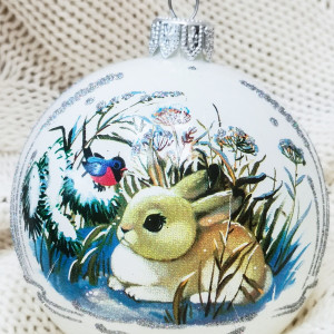 КУ-80-224025 Стеклянный шар Зайчик под кустиком 80 мм., Коломеев