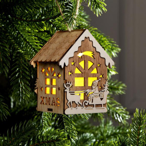 Ёлочная игрушка Домик с Дедом Морозом 11*7*8 см., от батареек, свечение тёплое белое, Luazon Lighting (6117291)