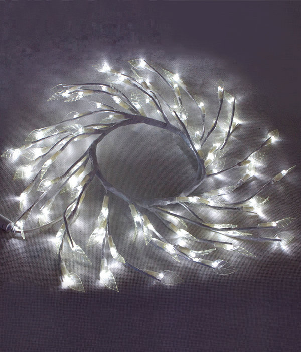 Светодиодная флористика Венок с листьями, 220V, 80 холодных белых LED ламп, белый провод, Beauty Led (WS-08091001)
