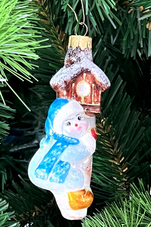А319-синий Елочное украшение Снеговик с кормушкой, стекло, 1 шт., Витус