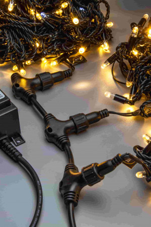 Комплект гирлянд 3 нити по 20 м, 24В, 399 теплых белых LED ламп, мерцание, черный провод ПВХ, Teamprof (TPF-S3*20F-CB/WW)