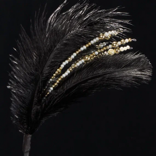 Ветвь Царкий маскарад с перьями и бисером 20х36 см., черная с золотом, Christmas DeLuxe (89032)