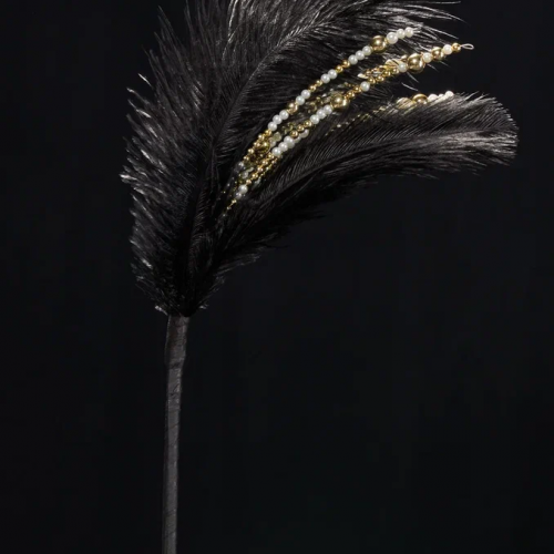 Ветвь Царкий маскарад с перьями и бисером 20х36 см., черная с золотом, Christmas DeLuxe (89032)