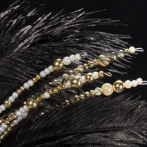 Ветвь Царкий маскарад с перьями и бисером 20х36 см., черная с золотом, Christmas DeLuxe (89032)