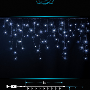 Светодиодная мерцающая бахрома 3 м., нити 0,3*0,5*0,7 м., 160 холодных белых LED, черный каучук, IP 65, соединяемая, Winner (w.02.7B.160.F+)