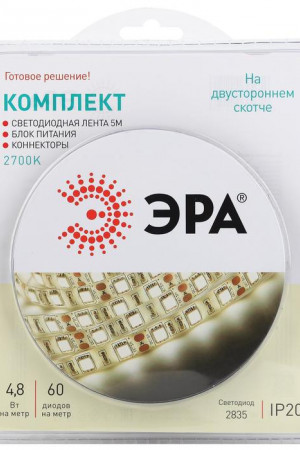 Комплект светодиодной ленты Эра 5 м., IP20, SMD2835, 60 LED/м, 12 В, 2700К, ЭРА (4762865)