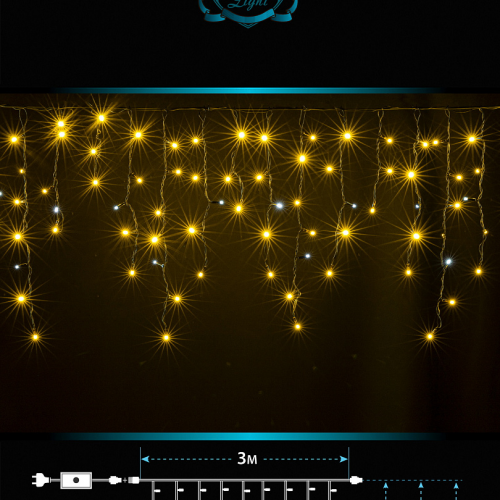 Светодиодная мерцающая бахрома 3 м., нити 0,3*0,5*0,7 м., 160 теплых белых LED, черный каучук, IP 65, соединяемая, Winner (ww.02.7B.160.F+)