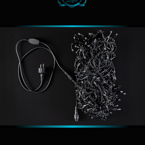 Светодиодная мерцающая бахрома 12 м., нити 0,3*0,4*0,6 м., 408 холодных белых LED, черный каучук, IP 65, соединяемая, Winner (w.02.7B.408.F+)