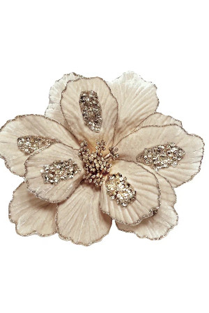 Декоративный цветок Магнолия 26 см., шампань, на клипсе, Christmas DeLuxe (89566)