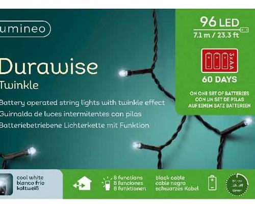 Светодиодная гирлянда на батарейках с контроллером 7.1 м., 96 холодных белых LED ламп, 3 батарейки типа АА, черный ПВХ провод, Kaemingk (497140)