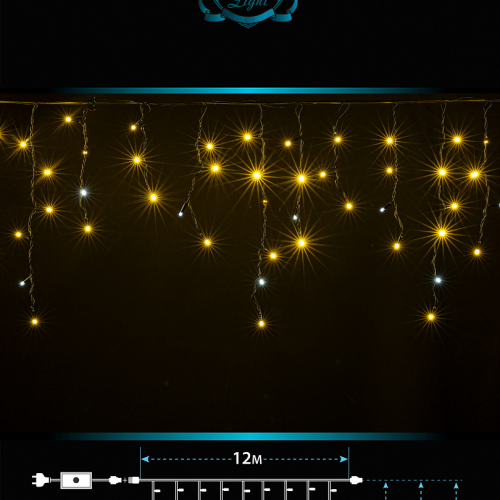 Светодиодная мерцающая бахрома 12 м., нити 0,3*0,4*0,6 м., 408 теплых белых LED, черный каучук, IP 65, соединяемая, Winner (ww.02.7B.408.F+)
