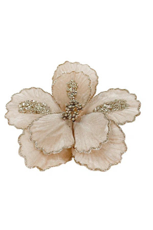 Декоративный цветок Магнолия 20 см., шампань, на клипсе, Christmas DeLuxe (89567)