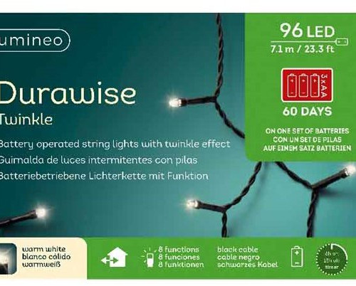 Светодиодная гирлянда на батарейках с контроллером 7.1 м., 96 теплых белых LED ламп, 3 батарейки типа АА, черный ПВХ провод, Kaemingk (497141)