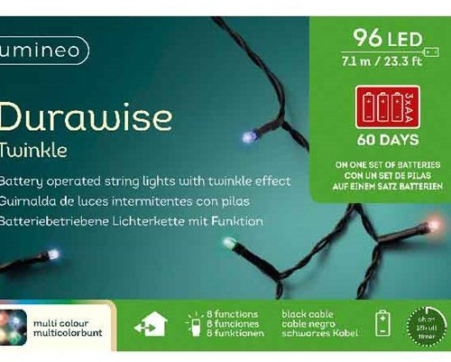 Светодиодная гирлянда на батарейках с контроллером 7.1 м., 96 разноцветных LED ламп, 3 батарейки типа АА, черный ПВХ провод, Kaemingk (497146)