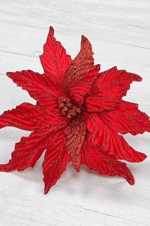 Декоративный цветок Пуансеттия 30 см., красный, на клипсе, Christmas DeLuxe (87126)