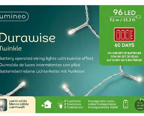 Светодиодная гирлянда на батарейках с контроллером 7.1 м., 96 теплых белых LED ламп, белый ПВХ провод, 3 батарейки типа АА, Kaemingk (497151)