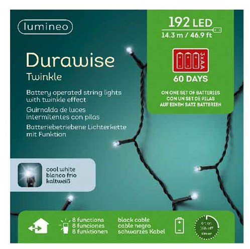 Светодиодная гирлянда на батарейках с контроллером 14.3 м., 192 холодных белых LED ламп, 3 батарейки типа АА, черный ПВХ провод, Kaemingk (497160)