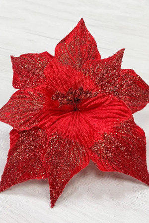 Декоративный цветок Пуансеттия 30 см., красный с блестками, на клипсе, Christmas DeLuxe (87132)
