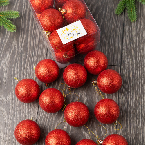 Набор пластиковых шаров Вероника 60 мм., красный глиттер, 12 шт., ЕлкиТорг (150227)