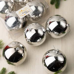 Набор пластиковых шаров Глория 100 мм., серебро глянцевый, 4 шт., ЕлкиТорг (150427)
