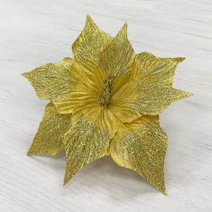 Декоративный цветок Пуансеттия 30 см., золото с блестками, на клипсе, Christmas DeLuxe (87134)