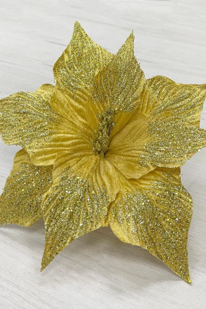 Декоративный цветок Пуансеттия 30 см., золото с блестками, на клипсе, Christmas DeLuxe (87134)