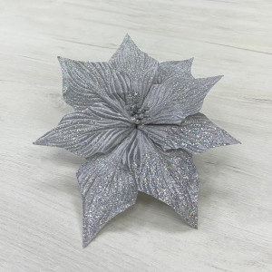 Декоративный цветок Пуансеттия 30 см., серебро с блестками, на клипсе, Christmas DeLuxe (87135)