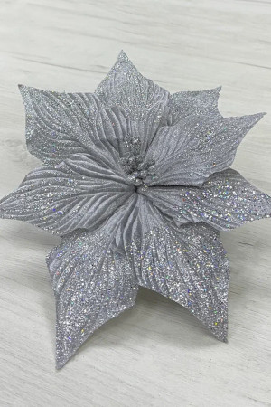 Декоративный цветок Пуансеттия 30 см., серебро с блестками, на клипсе, Christmas DeLuxe (87135)