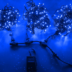Комплект гирлянд 3 нити по 20 м, 24В, 600 синих LED ламп, мерцание, черный провод ПВХ, Teamprof (TPF-S3*20F-B/B)