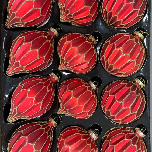 Набор стеклянных украшений Золотой узор 80 мм., 12 шт., красный, Christmas DeLuxe (86800)