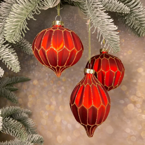 Набор стеклянных украшений Золотой узор 80 мм., 12 шт., красный, Christmas DeLuxe (86800)