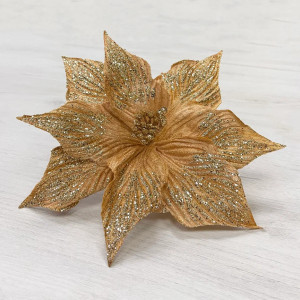 Декоративный цветок Пуансеттия 30 см., розовое золото с блестками, на клипсе, Christmas DeLuxe (87136)