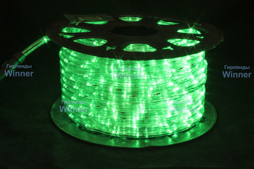 Дюралайт круглый Ø 10.5 мм., 220V, 3-жилы, зеленый LED лампы 24 шт на 1 м., бухта 100 м, силикон, Winner (05.100.10,5.24G)