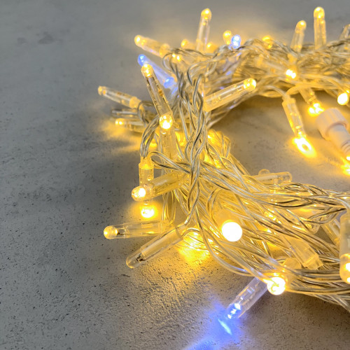 Светодиодная гирлянда с колпачком 100 теплых белых LED ламп 10 м., мерцание, 24В., прозрачный провод ПВХ, IP65, LTC (PST100BLWCAP-10-1WW)
