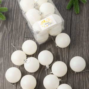 Набор пластиковых шаров Вероника 60 мм., белый глиттер, 12 шт., ЕлкиТорг (150223)