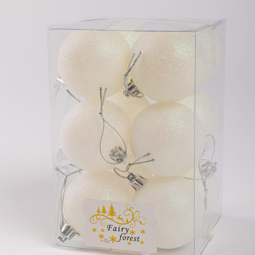 Набор пластиковых шаров Вероника 60 мм., белый глиттер, 12 шт., ЕлкиТорг (150223)