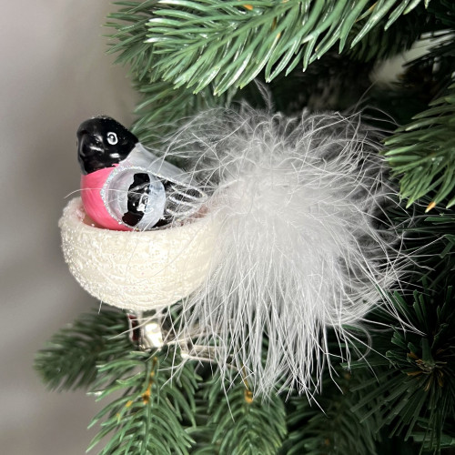 Елочное украшение Птичка в гнезде - снегирь, стекло, 8 см., Irena CO (50009)