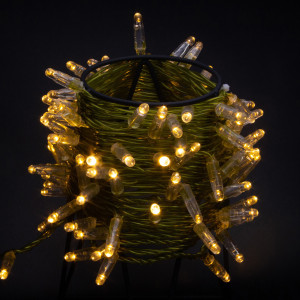 Светодиодная нить 100 теплых белых LED ламп, 10 м., 24В, статика, золотой провод ПВХ, Teamprof (TPF-S10C-24V-CGd/WW)