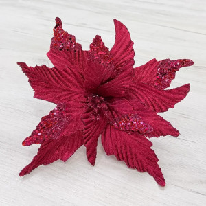 Декоративный цветок Пуансеттия 28 см., бордовый, на клипсе, Christmas DeLuxe (87153)