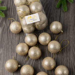 Набор пластиковых шаров Вероника 60 мм., шампань глиттер, 12 шт., ЕлкиТорг (150221)