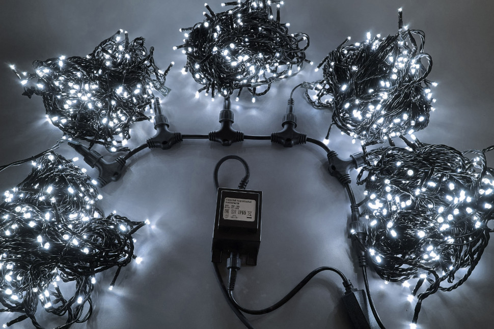 Комплект гирлянд 5 нитей по 20 м, 24В, 1000 холодных белых LED ламп, статика, черный провод ПВХ, Teamprof (TPF-S5*20-B/W)